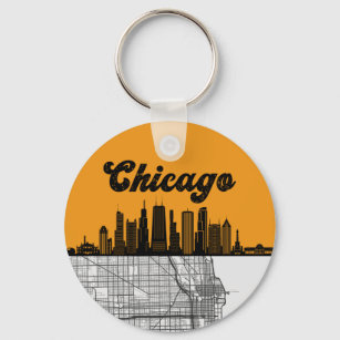 Chicago Illinois City Skyline met map Sleutelhanger
