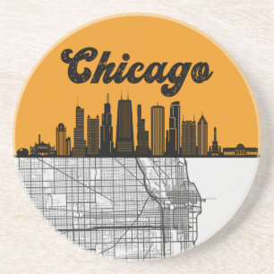 Chicago Illinois City Skyline met map Zandsteen Onderzetter