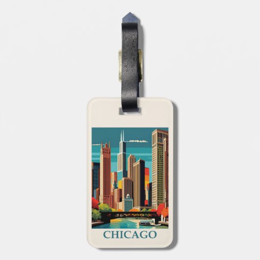  Chicago Illinois City Skyline Retro Reizen Bagagelabel (Achterkant verticaal)