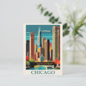  Chicago Illinois City Skyline Retro Reizen Briefkaart (Staand voorkant)
