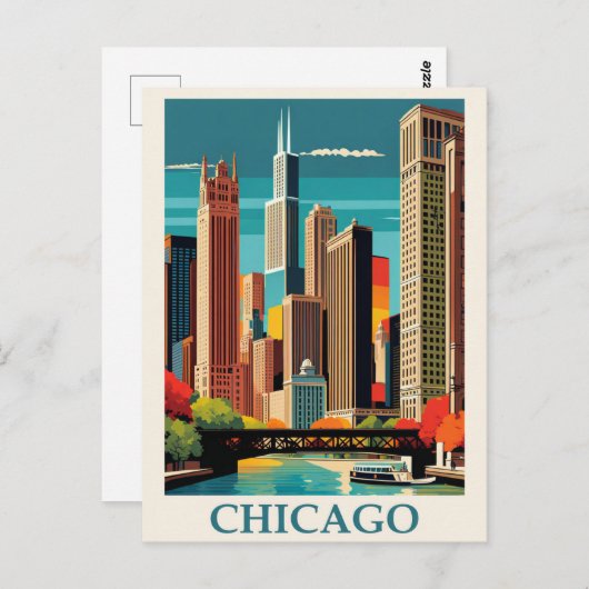  Chicago Illinois City Skyline Retro Reizen Briefkaart (Voorkant / Achterkant)