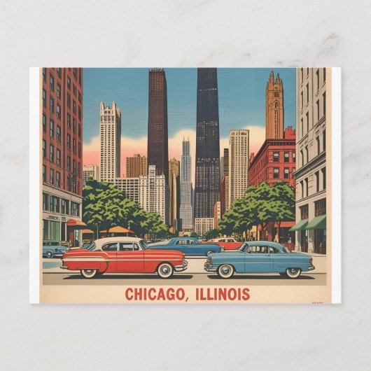  Chicago Illinois City Skyline Retro Reizen Briefkaart (Voorkant)