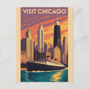  Chicago Illinois City Skyline Retro Reizen Briefkaart