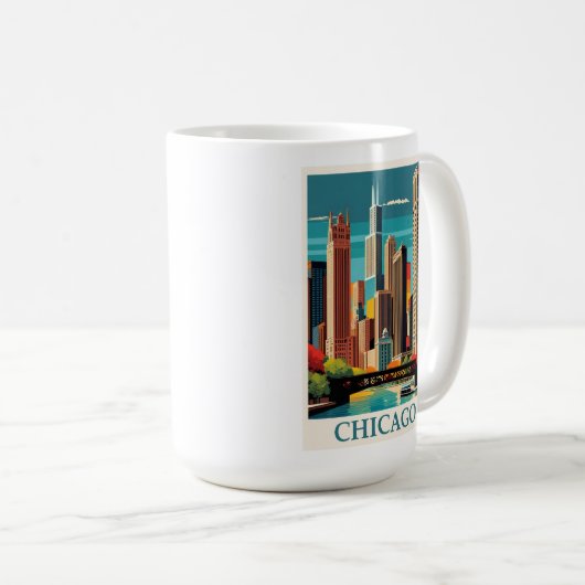  Chicago Illinois City Skyline Retro Reizen Koffiemok (Voorkant rechts)