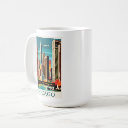  Chicago Illinois City Skyline Retro Reizen Koffiemok (Voorkant links)