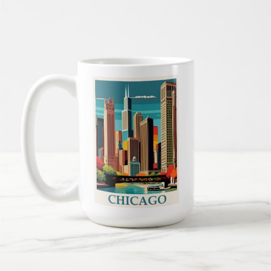  Chicago Illinois City Skyline Retro Reizen Koffiemok (Links)