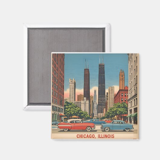  Chicago Illinois City Skyline Retro Reizen Magneet (Voorkant / Achterkant)