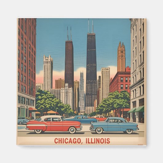 Chicago Illinois City Skyline Retro Reizen Magneet (Voorkant)