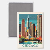  Chicago Illinois City Skyline Retro Reizen Magneet (Voorkant / Achterkant)