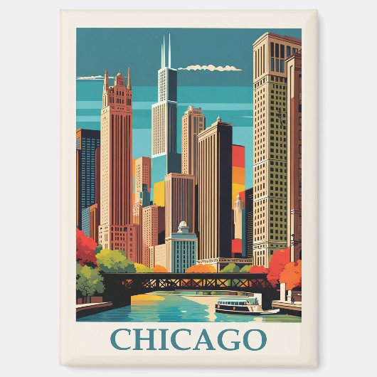  Chicago Illinois City Skyline Retro Reizen Magneet (Voorkant)