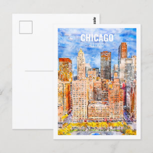 Chicago Illinois Famous Travel Waterverf Sketch Briefkaart