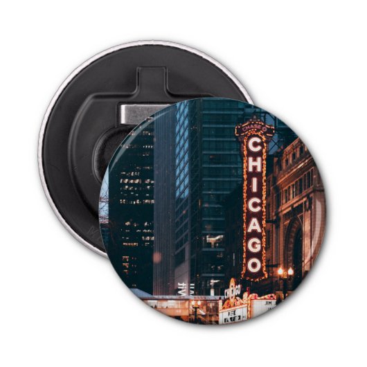 Chicago Illinois Neon Sign 's nachts Button Flesopener (Voorkant)