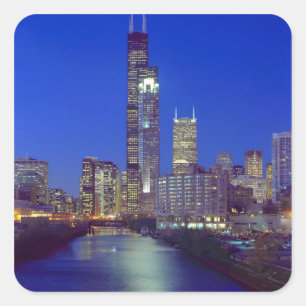 Chicago, Illinois, Silhouet bij nacht met Chicago Vierkante Sticker