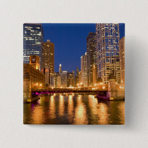 Chicago, Illinois, Silhouet en Chicago River bij Vierkante Button 5,1 Cm