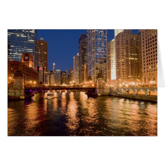 Chicago, Illinois, Silhouet en Chicago River om 2 (Voorkant Horizontaal)