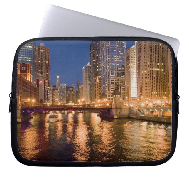 Chicago, Illinois, Silhouet en Chicago River om 2 Laptop Sleeve (Voorkant)