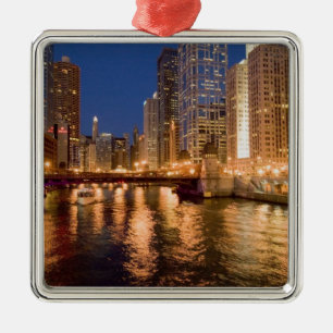 Chicago, Illinois, Silhouet en Chicago River om 2 Metalen Ornament