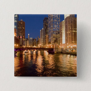 Chicago, Illinois, Silhouet en Chicago River om 2 Vierkante Button 5,1 Cm