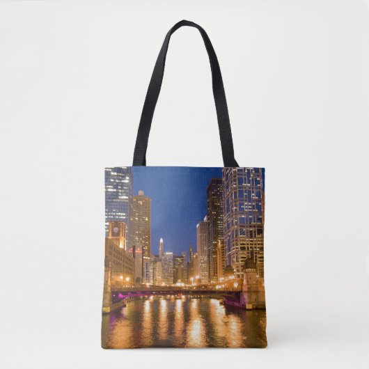 Chicago, Illinois, Silhouet en Chicago River Tote Bag (Voorkant)