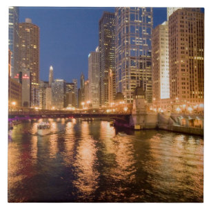 Chicago, Illinois, Silhouet en Chicago-rivier om 2 Tegeltje