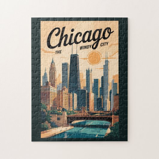 Chicago Illinois Silhouette Reis Kunst Vintage Legpuzzel (Verticaal)