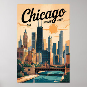 Chicago Illinois Silhouette Reis Kunst Vintage Poster