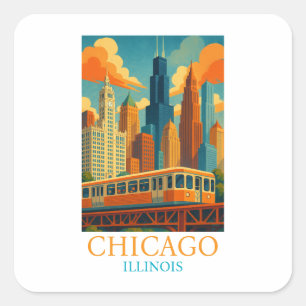 Chicago Illinois Silhouette Vintage Kunst Reis Vierkante Sticker