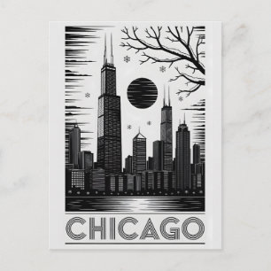 Chicago Illinois Silhouette Zwart Wit Houtsnede Briefkaart