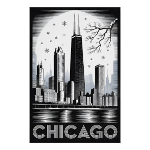 Chicago Illinois Silhouette Zwart Wit Houtsnede Perfect Poster