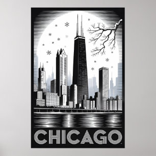 Chicago Illinois Silhouette Zwart Wit Houtsnede Poster