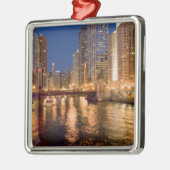 Chicago, Illinois, Skyline en Chicago River op 2 Metalen Ornament (Links)