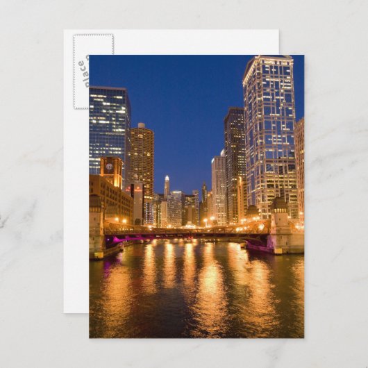 Chicago, Illinois, Skyline en Chicago River op Briefkaart (Voorkant / Achterkant)