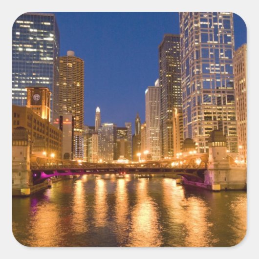 Chicago, Illinois, Skyline en Chicago River op Vierkante Sticker (Voorkant)
