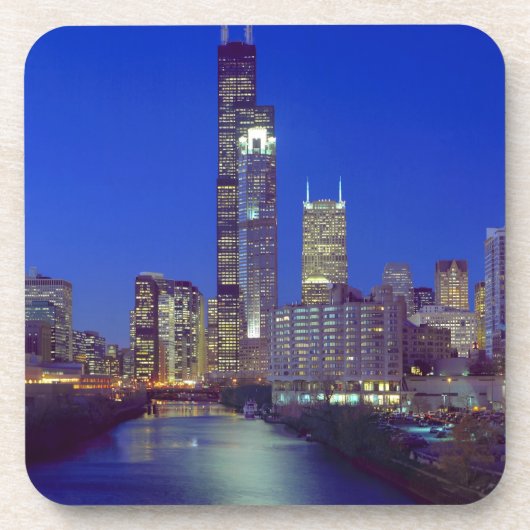 Chicago, Illinois, Skyline 's nachts met Chicago Bier Onderzetter (Voorkant)