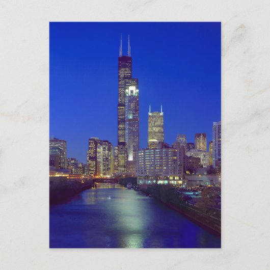 Chicago, Illinois, Skyline 's nachts met Chicago Briefkaart (Voorkant)