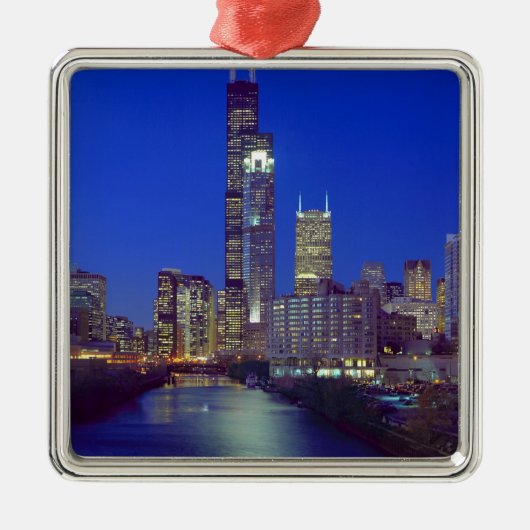 Chicago, Illinois, Skyline 's nachts met Chicago Metalen Ornament (Voorkant)