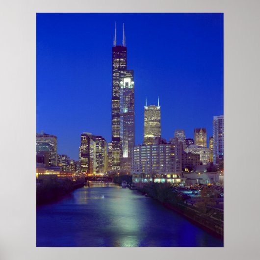 Chicago, Illinois, Skyline 's nachts met Chicago Poster (Voorkant)