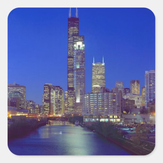 Chicago, Illinois, Skyline 's nachts met Chicago Vierkante Sticker (Voorkant)