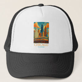 Chicago Illinois Skyline Vintage Art Travel Trucker Pet