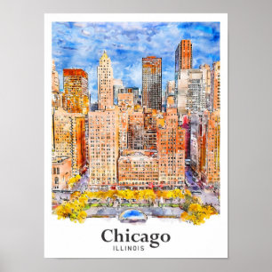 Chicago Illinois Travel Waterverf met de hand gete Poster