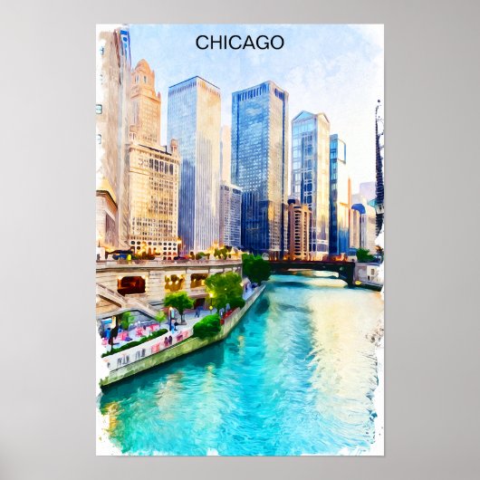 Chicago Illinois Watercolor City View Poster (Voorkant)