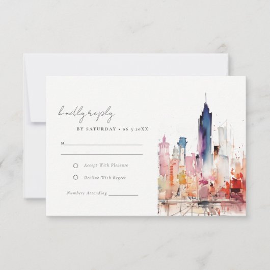 Chicago Illinois Watercolor Landscape Wedding RSVP Kaartje (Voorkant)