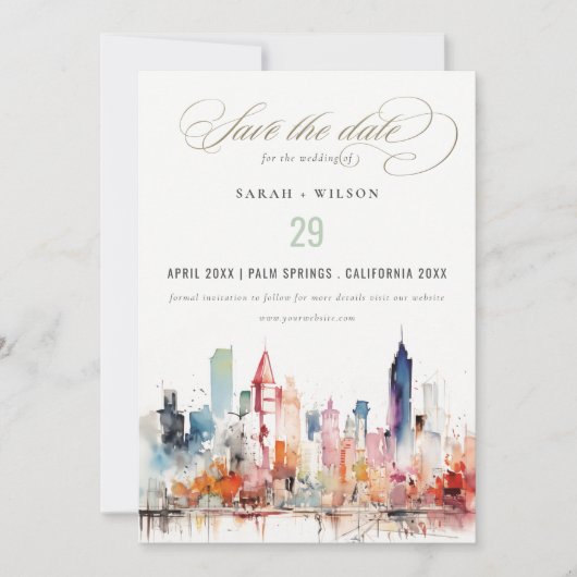 Chicago Illinois Watercolor Landscape Wedding Save The Date (Voorkant)