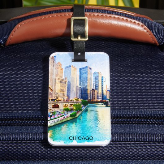 Chicago Illinois Waterverf City Uitzicht Bagagelabel (Voorkant Insitu 2)