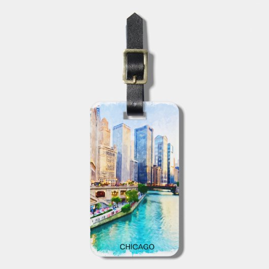 Chicago Illinois Waterverf City Uitzicht Bagagelabel (Voorkant verticaal)