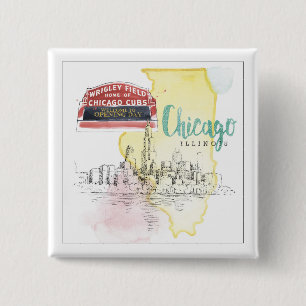 Chicago, Illinois   Waterverf Schets Afbeelding Vierkante Button 5,1 Cm