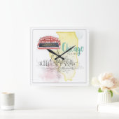 Chicago, Illinois | Waterverf Schets Vierkante Klok (Huis)