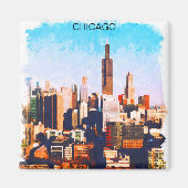 Chicago Illinois Waterverf Skyline Uitzicht Magneet (Voorkant)