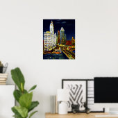 Chicago Illinois Wrigley Buildings by Night Poster (Thuiskantoor)
