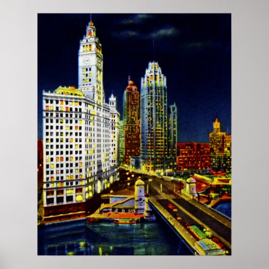 Chicago Illinois Wrigley Buildings by Night Poster (Voorkant)